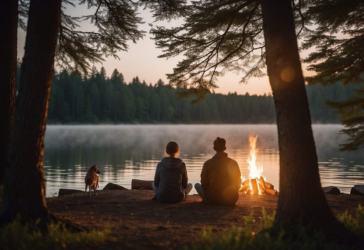 A couple sits quietly by a campfire, surrounded by tall trees and a tranquil lake. They watch as a family of deer cautiously emerges from the woods, grazing peacefully in the fading light