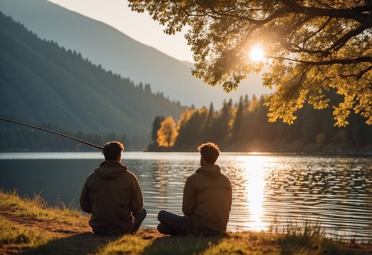 A couple sits by a serene lake, casting their fishing lines into the water. The warm glow of the setting sun illuminates the surrounding trees and mountains