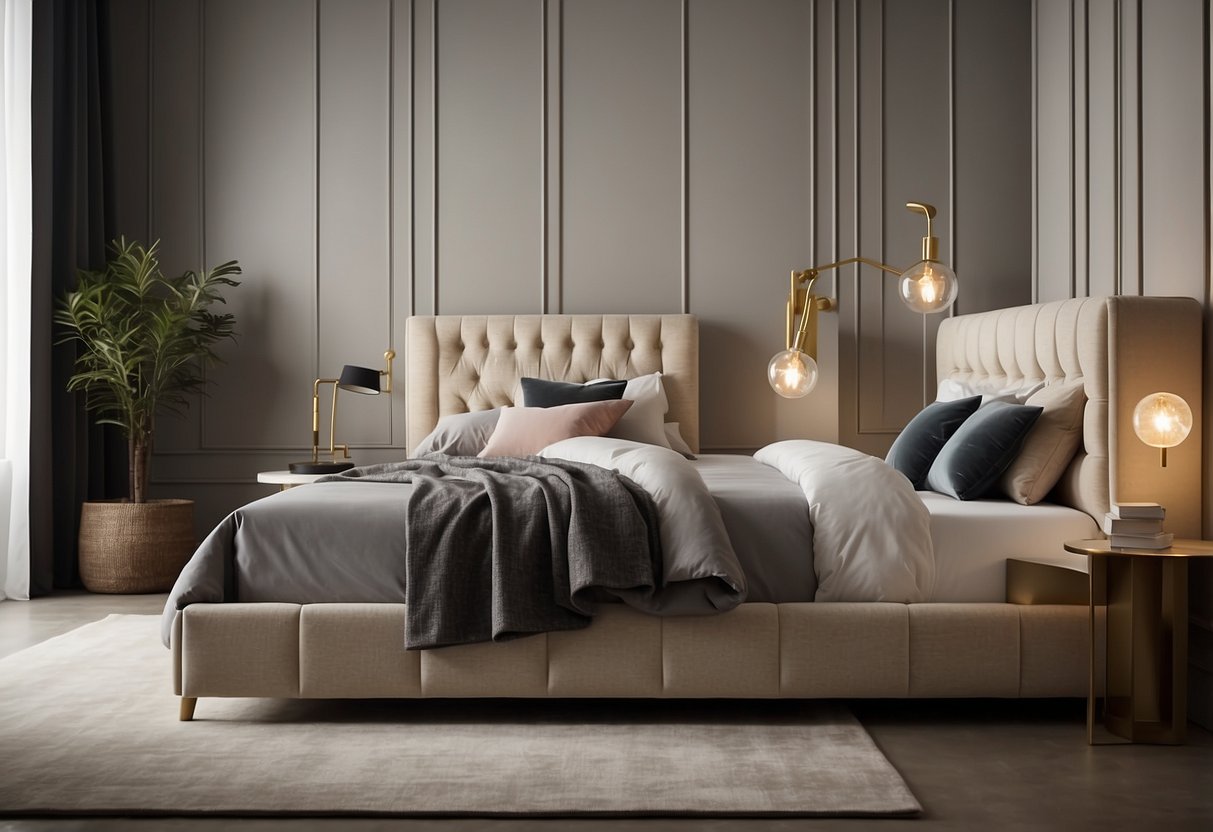 A sleek, minimalist bed with a tufted headboard sits against a backdrop of neutral-colored walls. A contemporary nightstand and a geometric-shaped lamp complete the modern bedroom furniture set