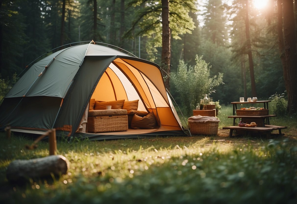 A cozy tent set up with a picnic spread, surrounded by lush greenery and a serene camping site