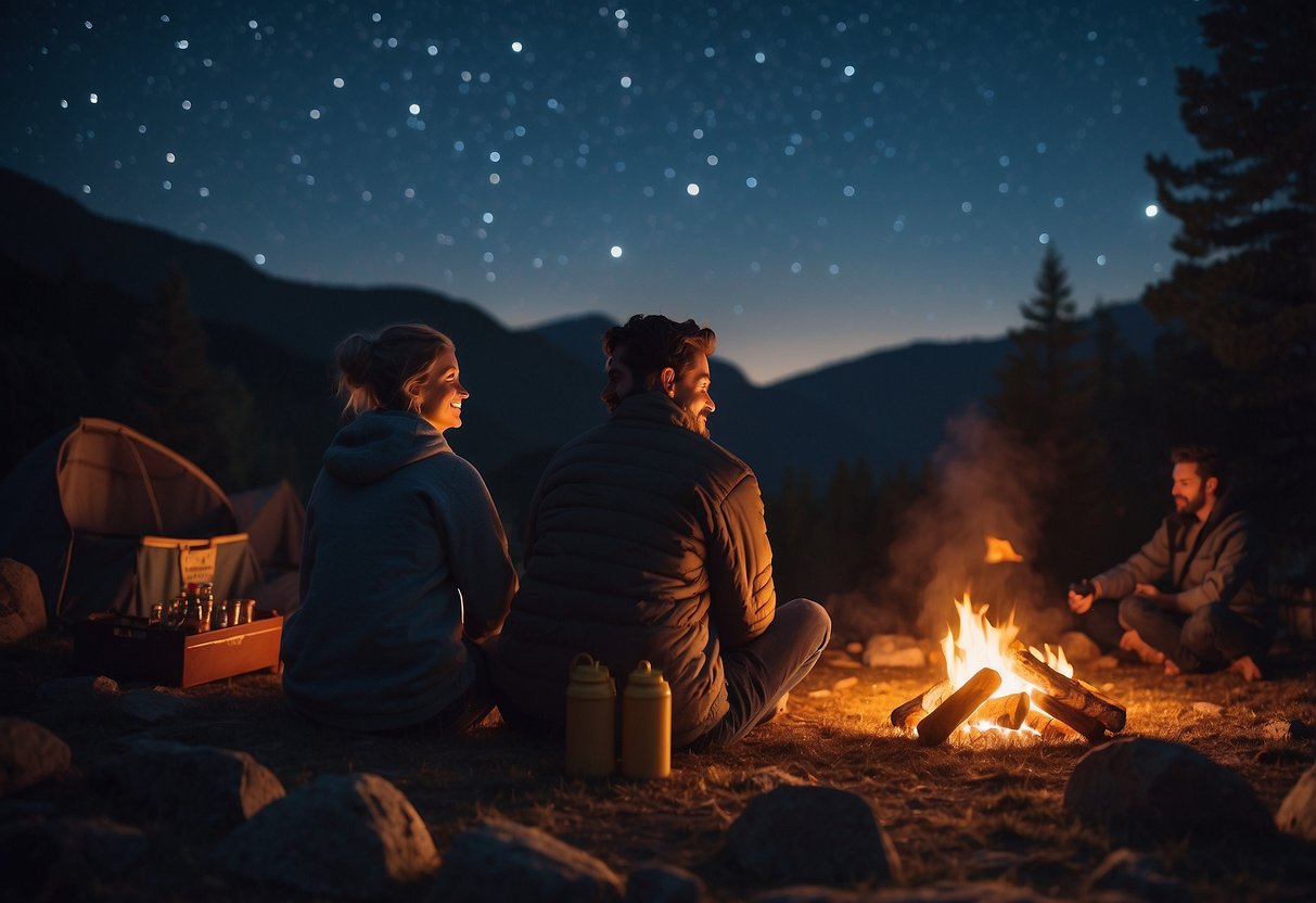 A couple sitting by a campfire, surrounded by a variety of board games and snacks, with a backdrop of a peaceful and starry night sky