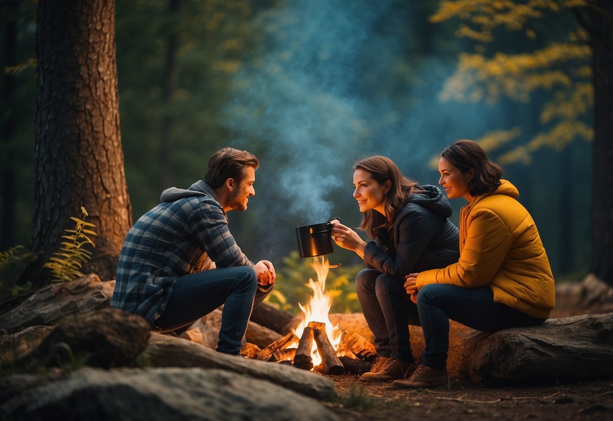 A couple sits by a campfire, binoculars in hand, gazing up at the trees. Nearby, a bird feeder attracts colorful visitors