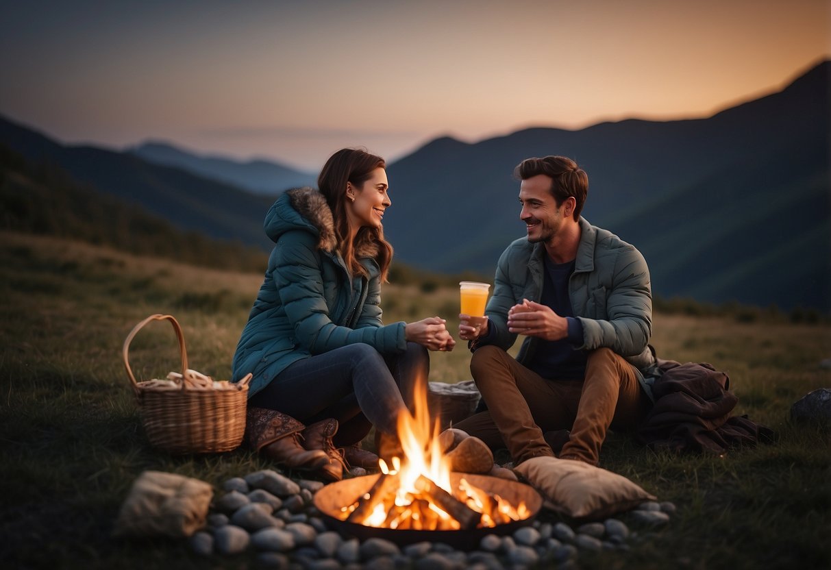 A couple sits by a crackling campfire, roasting marshmallows under a starry sky. Nearby, a tent is pitched, and a cozy picnic blanket is spread out with a basket of snacks and drinks