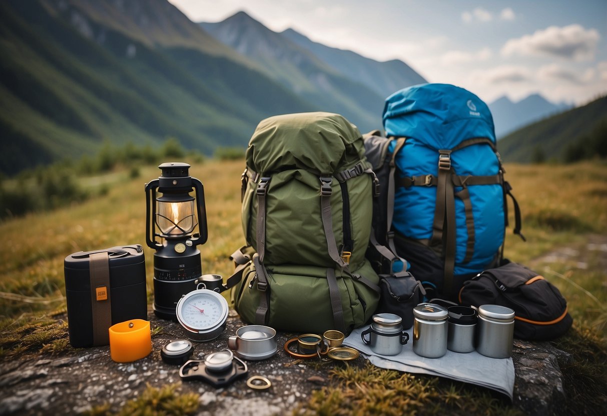 A tent, sleeping bags, a portable stove, hiking boots, a backpack, a map, a compass, a first aid kit, a lantern, and a camera