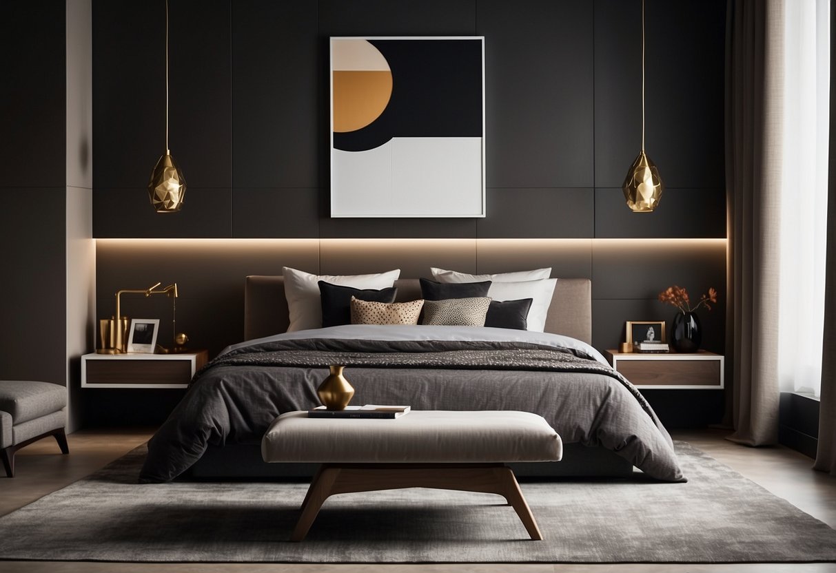 A sleek, minimalist bed with a geometric-patterned duvet, paired with a matching nightstand and a contemporary lamp. A large, abstract artwork adorns the wall, while metallic accents and a plush rug add a touch of luxury