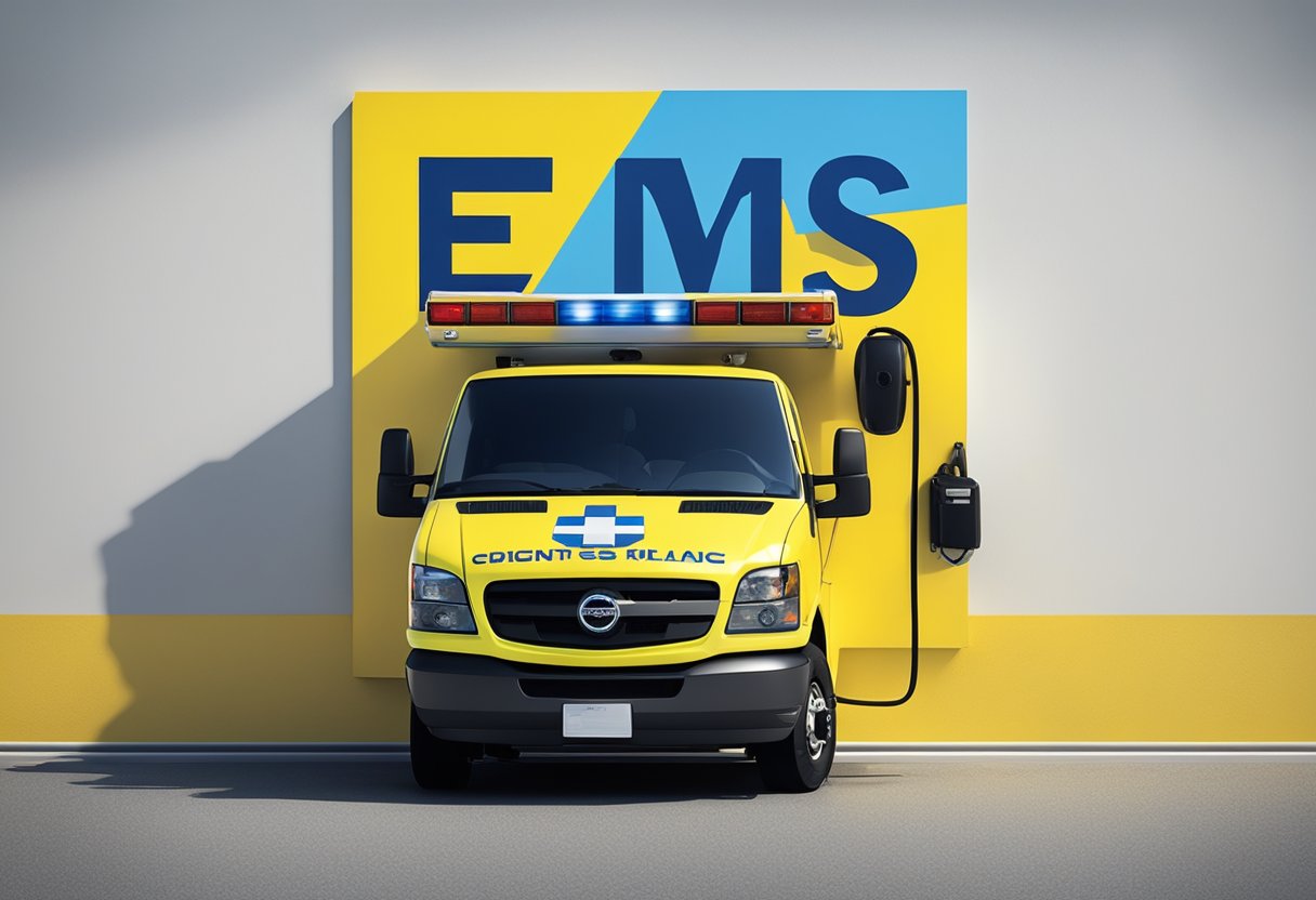 A bright yellow and blue EMS sign hanging on a white wall, with bold black lettering and a clear, easy-to-read font