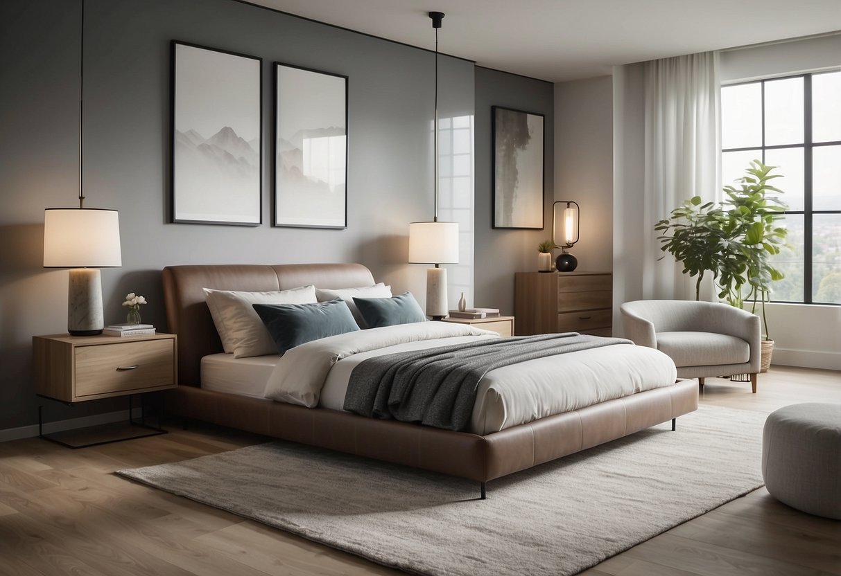 A spacious, well-lit bedroom with sleek, minimalist furniture and clean lines. A platform bed with a low-profile headboard, a floating nightstand, and a simple, uncluttered decor scheme