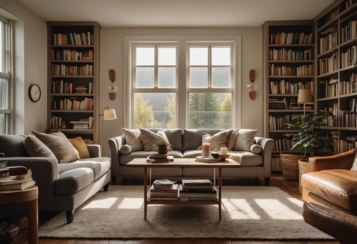 A cozy living room with a plush sofa, a coffee table, and a bookshelf filled with books and decorative items. The room is filled with warm natural light coming through the window, creating a comfortable and inviting atmosphere