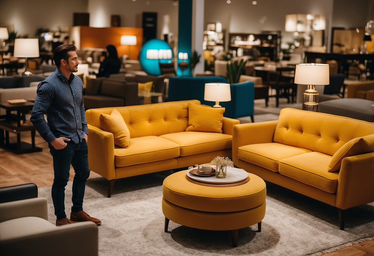Customers browsing various furniture displays at M&M Furniture store. Vibrant colors and sleek designs. Warm lighting creates inviting atmosphere