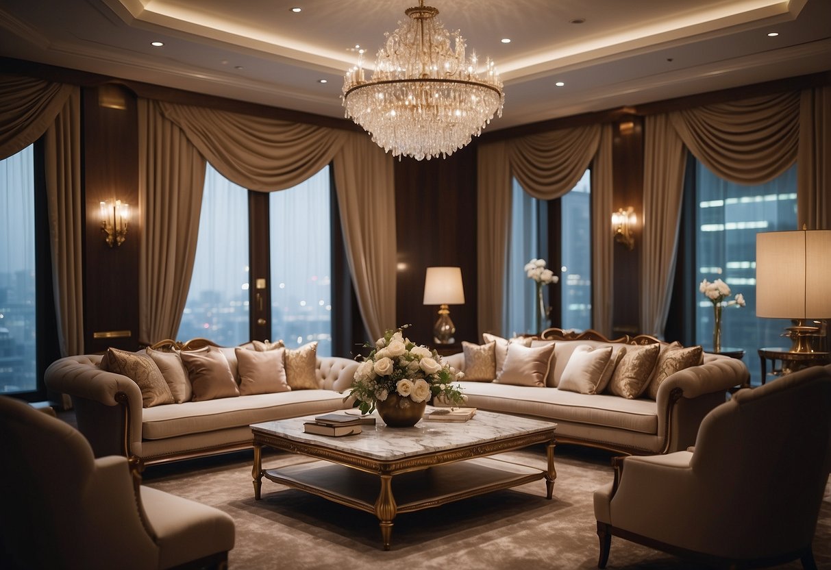 The room is filled with luxurious, plush furniture. Rich textures and elegant designs create a sense of opulence and comfort
