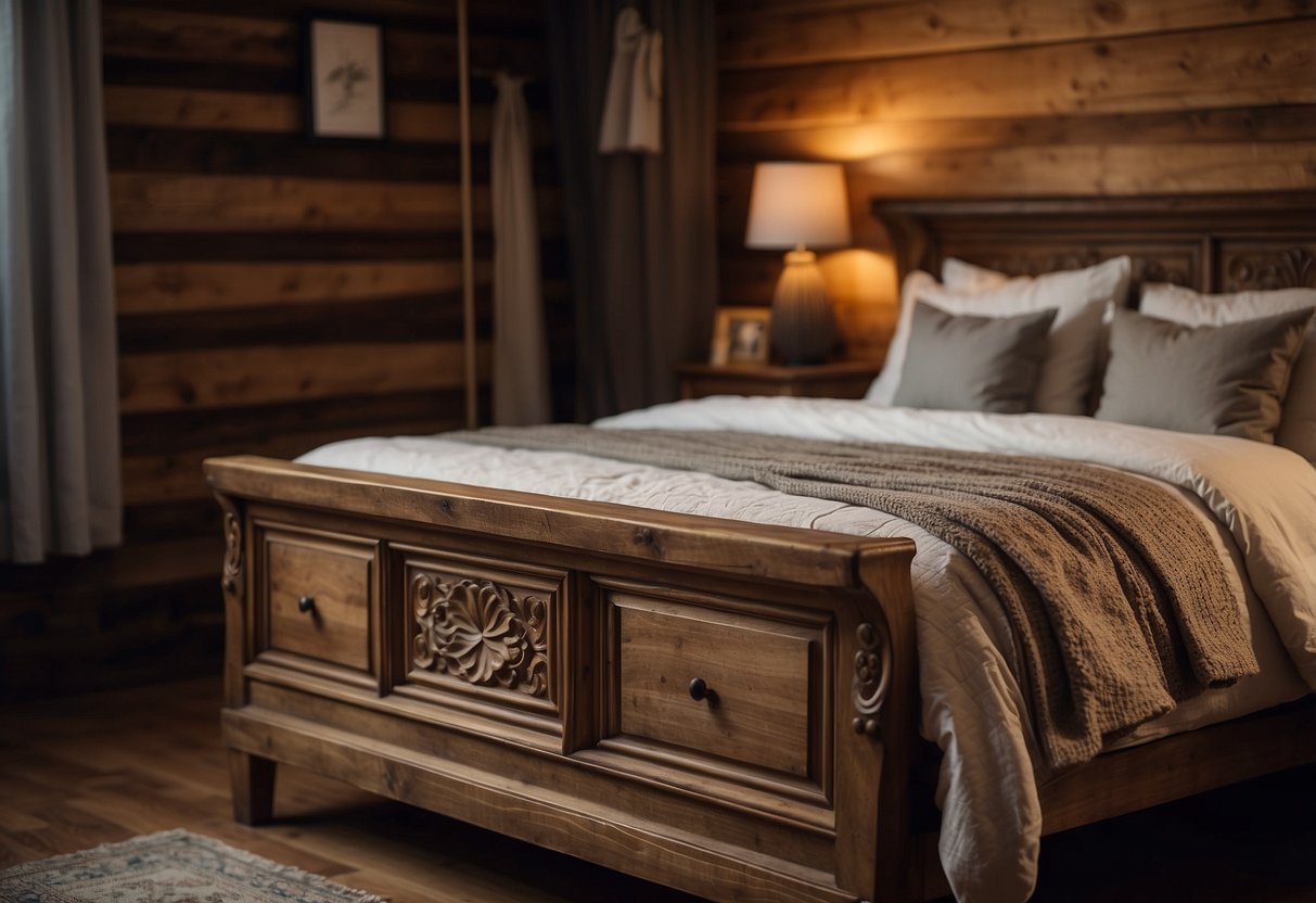 A wooden bed with a carved headboard sits in a cozy, dimly lit bedroom. A weathered dresser and nightstand complete the rustic furniture set