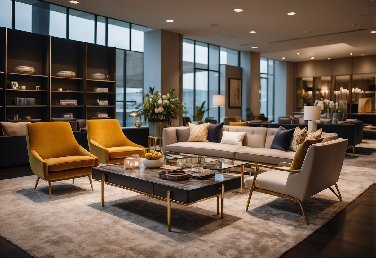 A spacious showroom with modern, elegant furniture arranged in stylish vignettes, bathed in soft, natural light. Rich textures and vibrant colors create an inviting, luxurious atmosphere