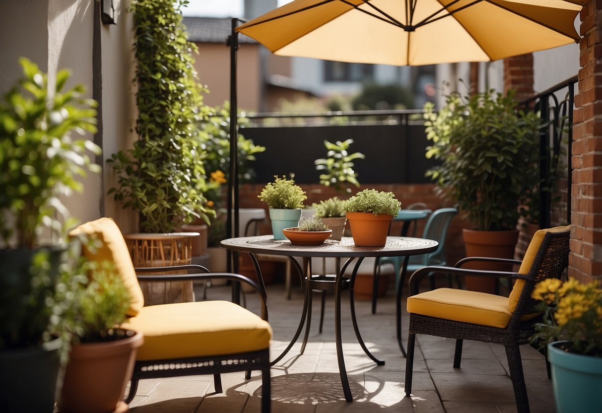 A small patio with cheap modern outdoor furniture: a plastic table and chairs, a colorful umbrella, and potted plants