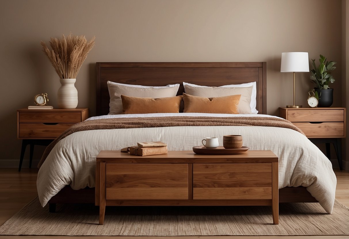 A cozy bedroom with wooden bed, dresser, and nightstand. A warm, earthy color palette with natural textures and simple, elegant designs