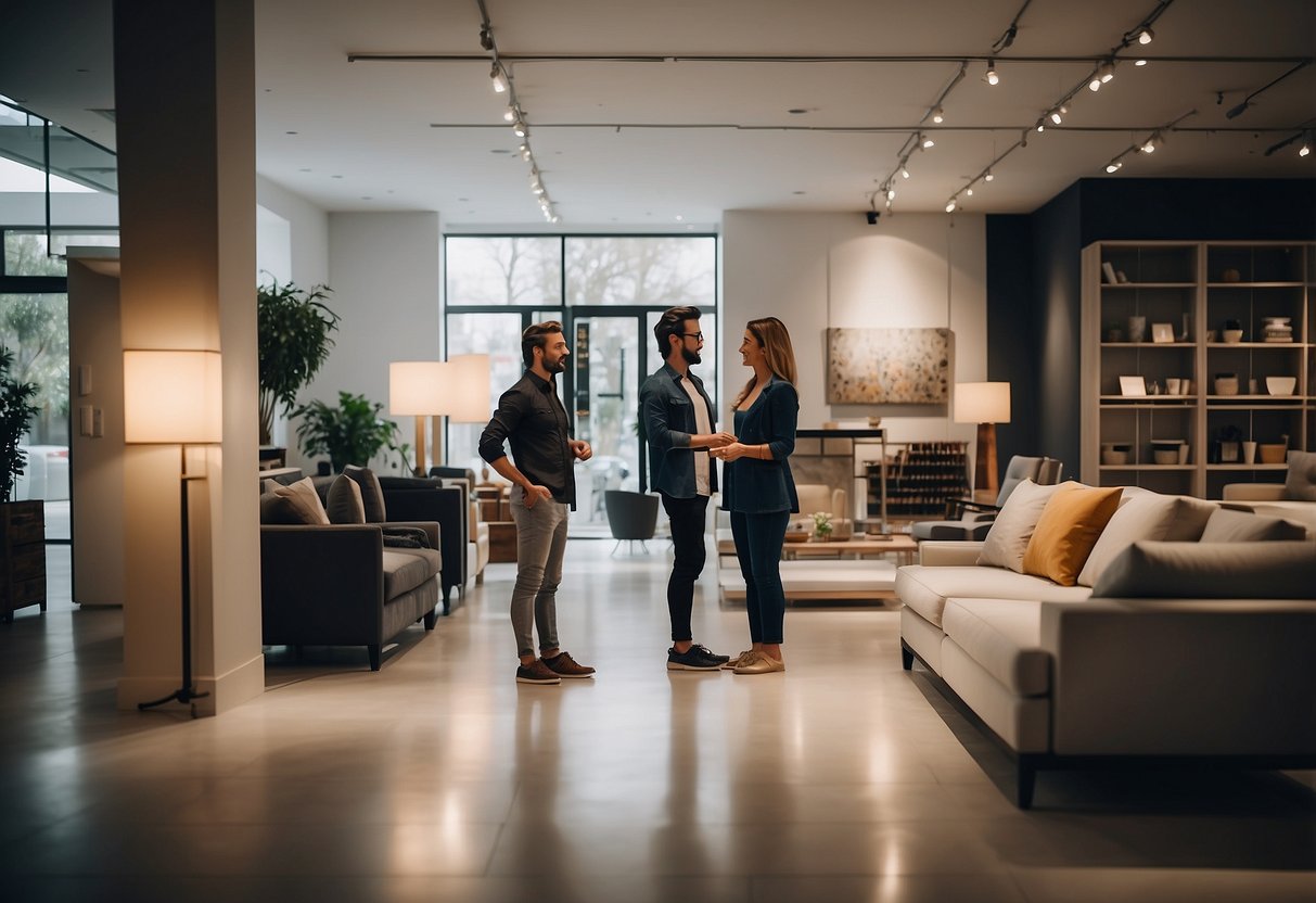 A customer browsing furniture in a well-lit showroom with friendly staff assisting