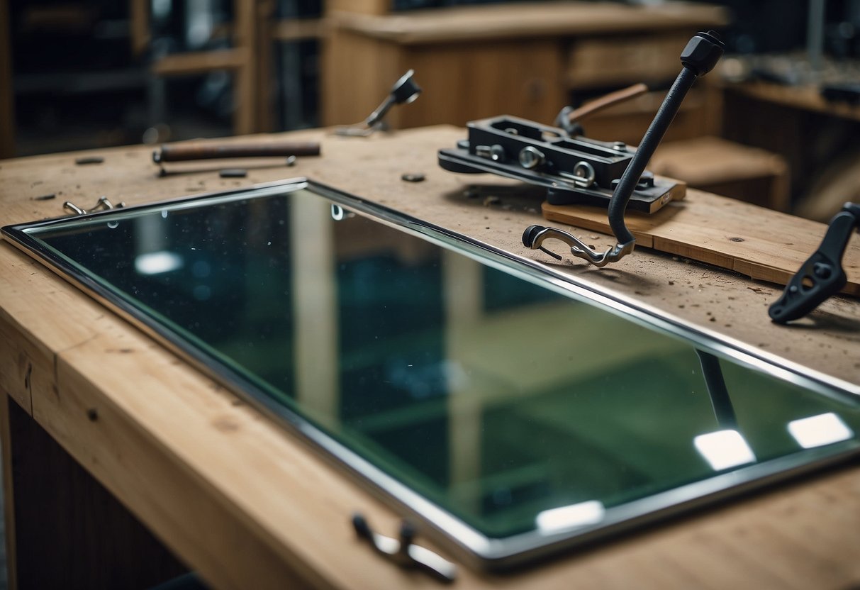A broken mirror furniture piece being repaired with glue and clamps on a workbench