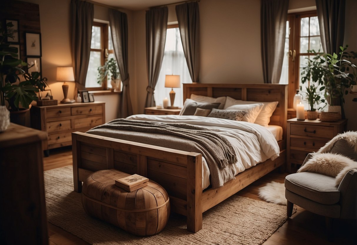 A cozy bedroom with rustic furniture, featuring a large wooden bed, soft and fluffy bedding, a vintage dresser, and warm lighting
