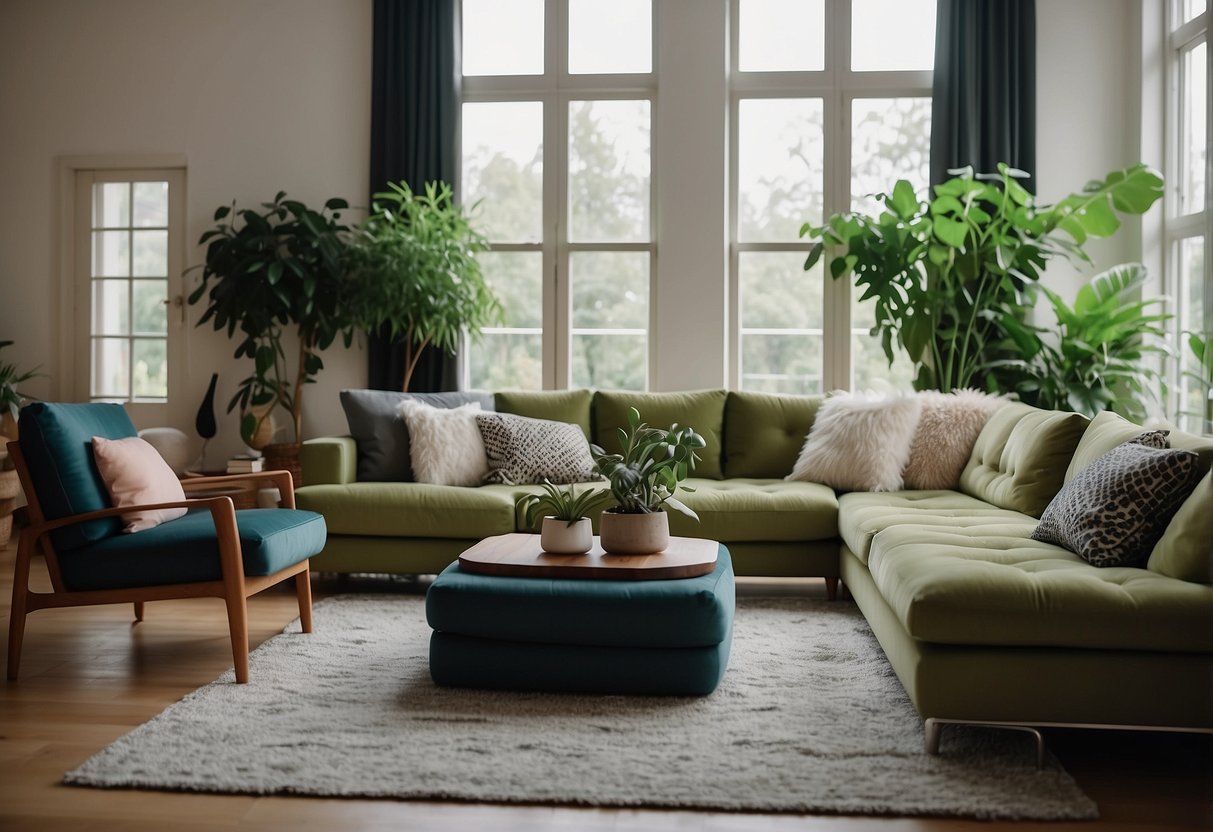 A cozy living room with plush sofas and chairs, surrounded by vibrant green plants and soft, luxurious rugs