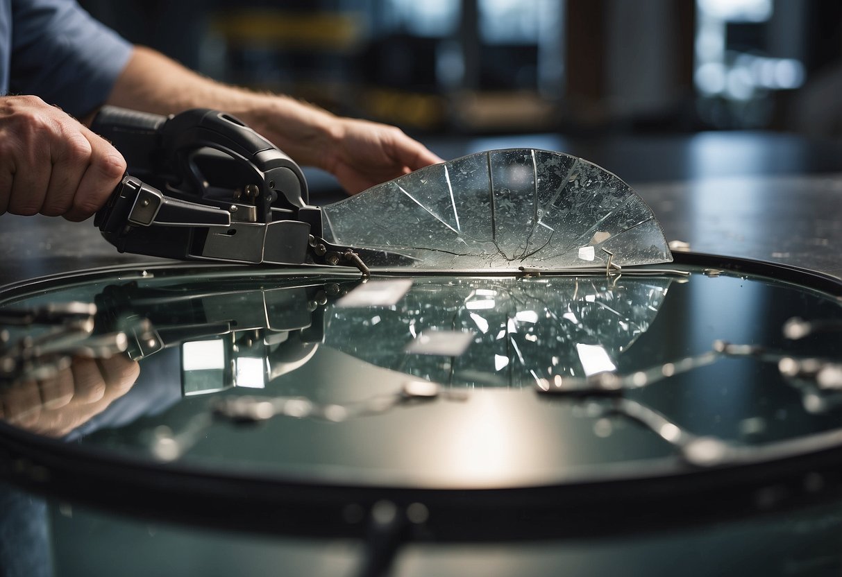 A cracked mirror furniture piece being carefully repaired with adhesive and clamps. Shards of glass and tools scattered on the work surface