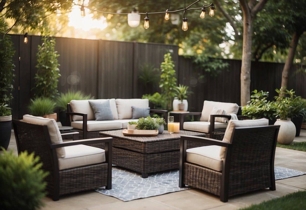 A backyard with a variety of affordable outdoor furniture materials, such as wicker, plastic, and metal, arranged in a modern and stylish manner
