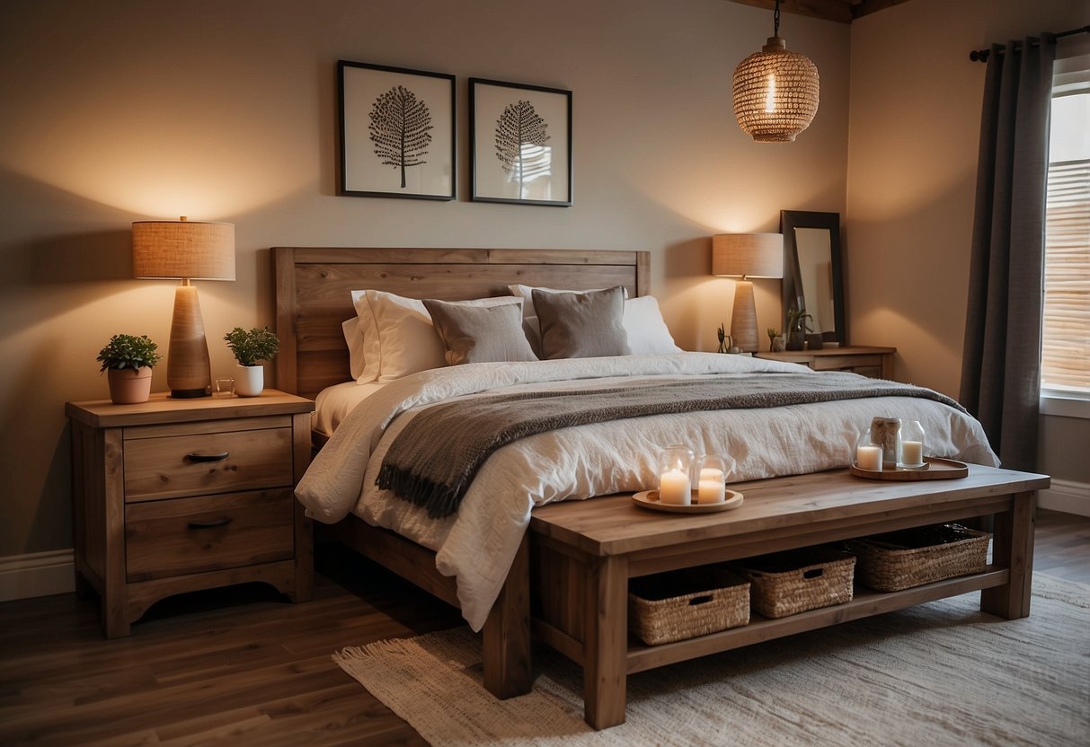 A cozy bedroom with wooden furniture, including a rustic bed, dresser, and nightstand. Warm lighting and natural textures create a welcoming atmosphere