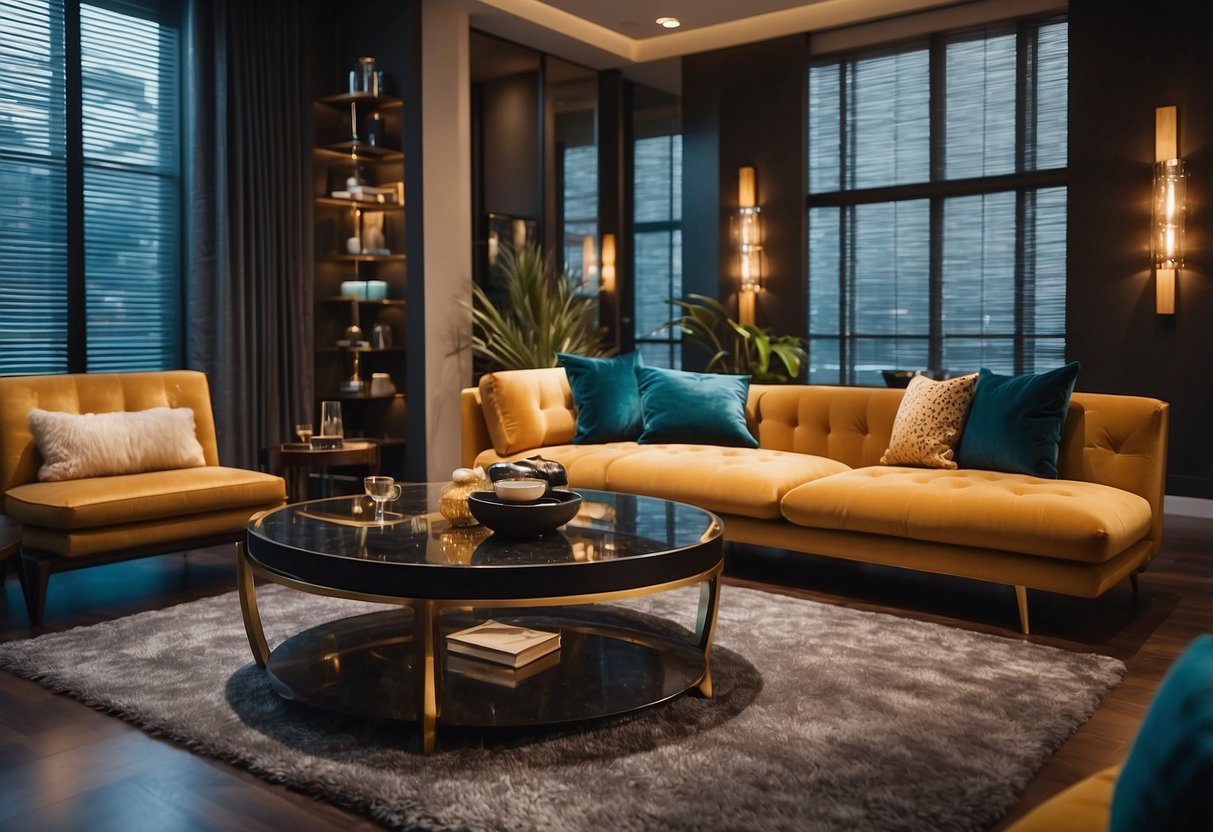 A room filled with modern and luxurious furniture, with vibrant colors and plush textures, creating an inviting and comfortable atmosphere