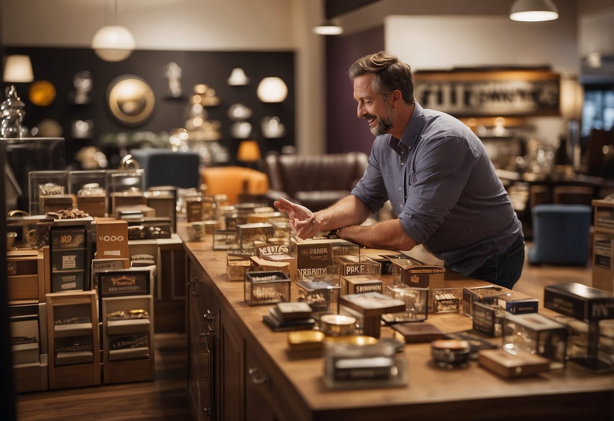 A customer browsing through a variety of furniture pieces with a sign that reads "Frequently Asked Questions m&m furniture" displayed prominently