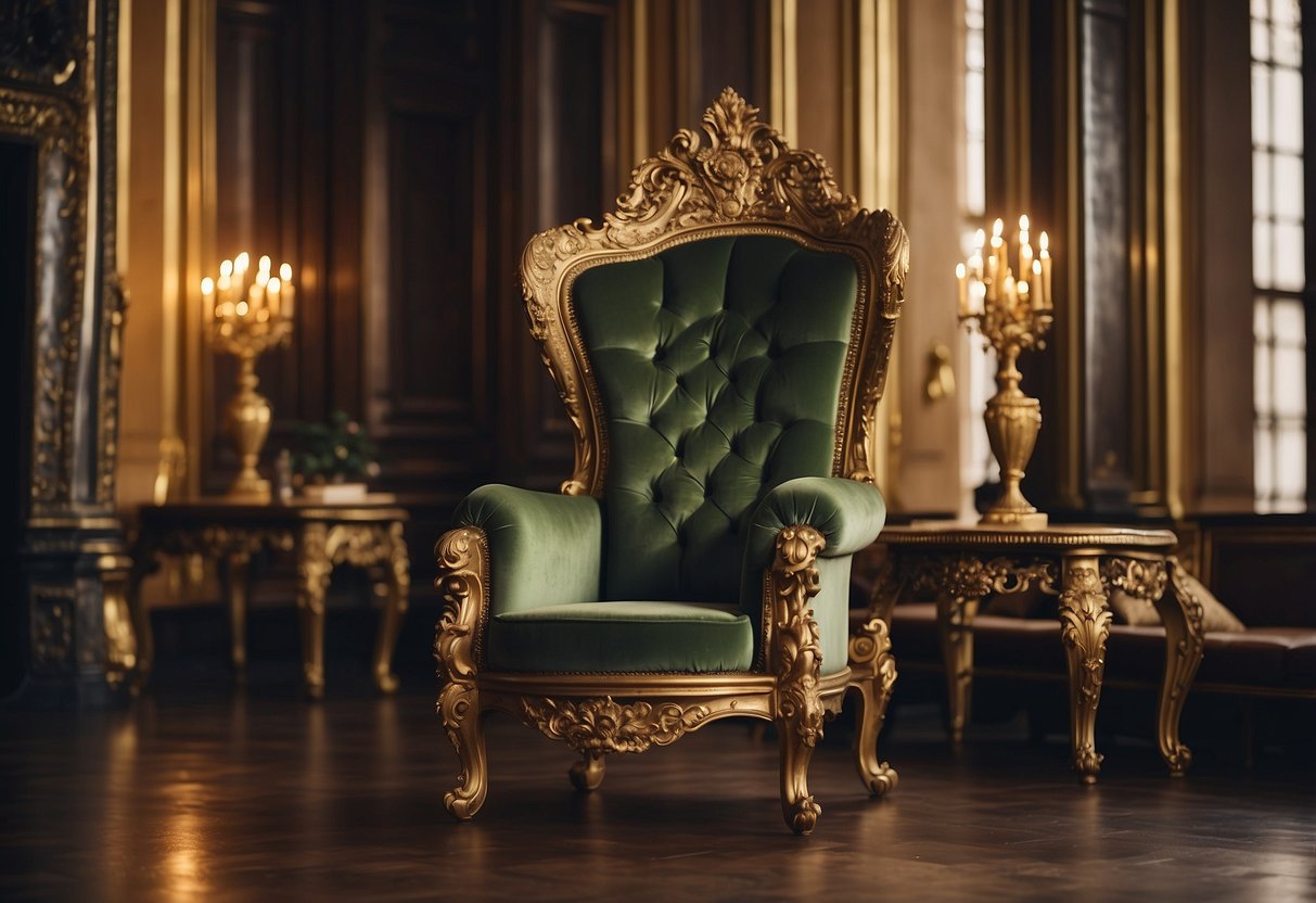 A grand, ornate throne surrounded by elegant, antique furniture in a regal palace setting