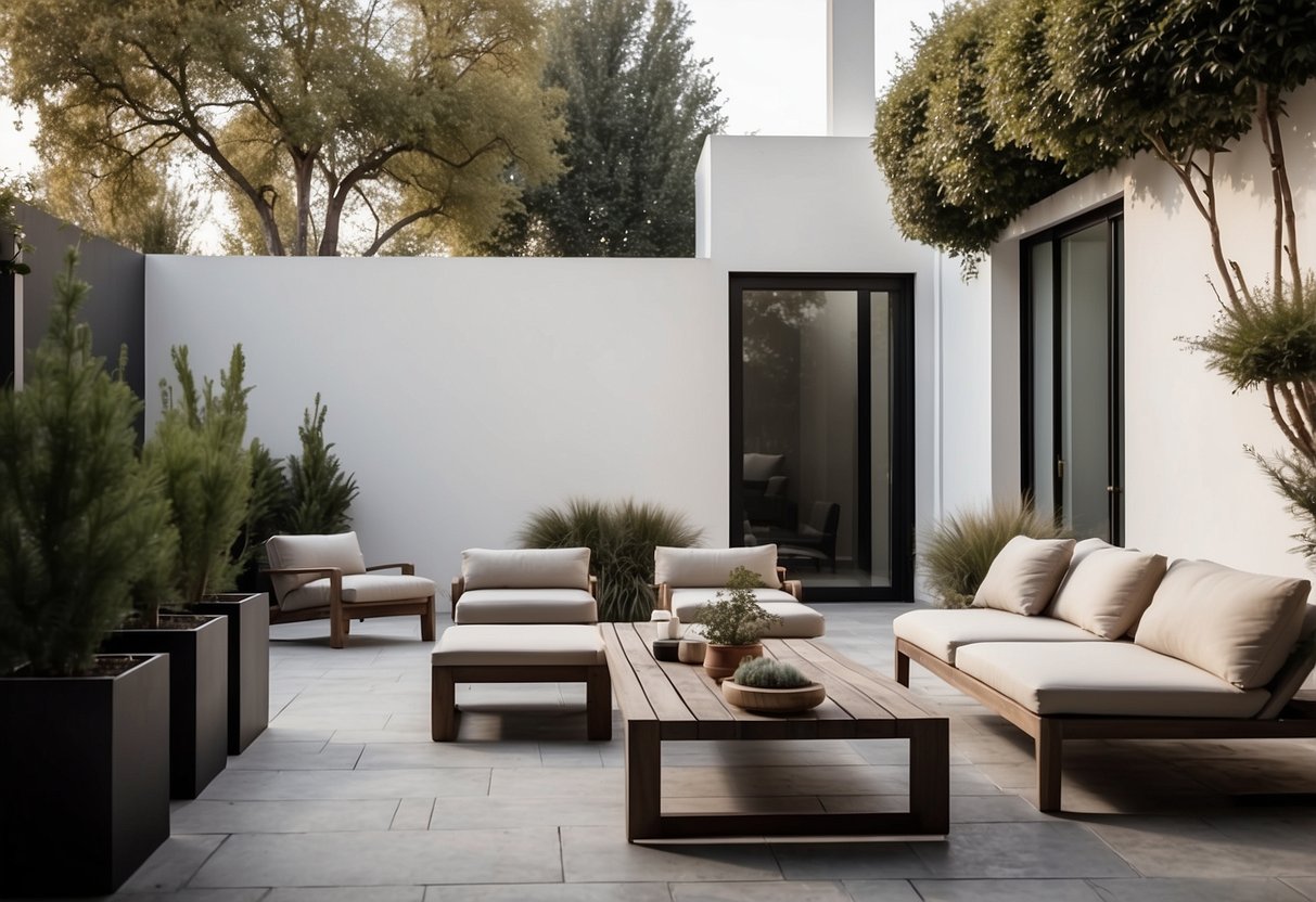 A sleek, minimalist outdoor space with affordable, contemporary furniture. Clean lines, neutral colors, and a cozy atmosphere