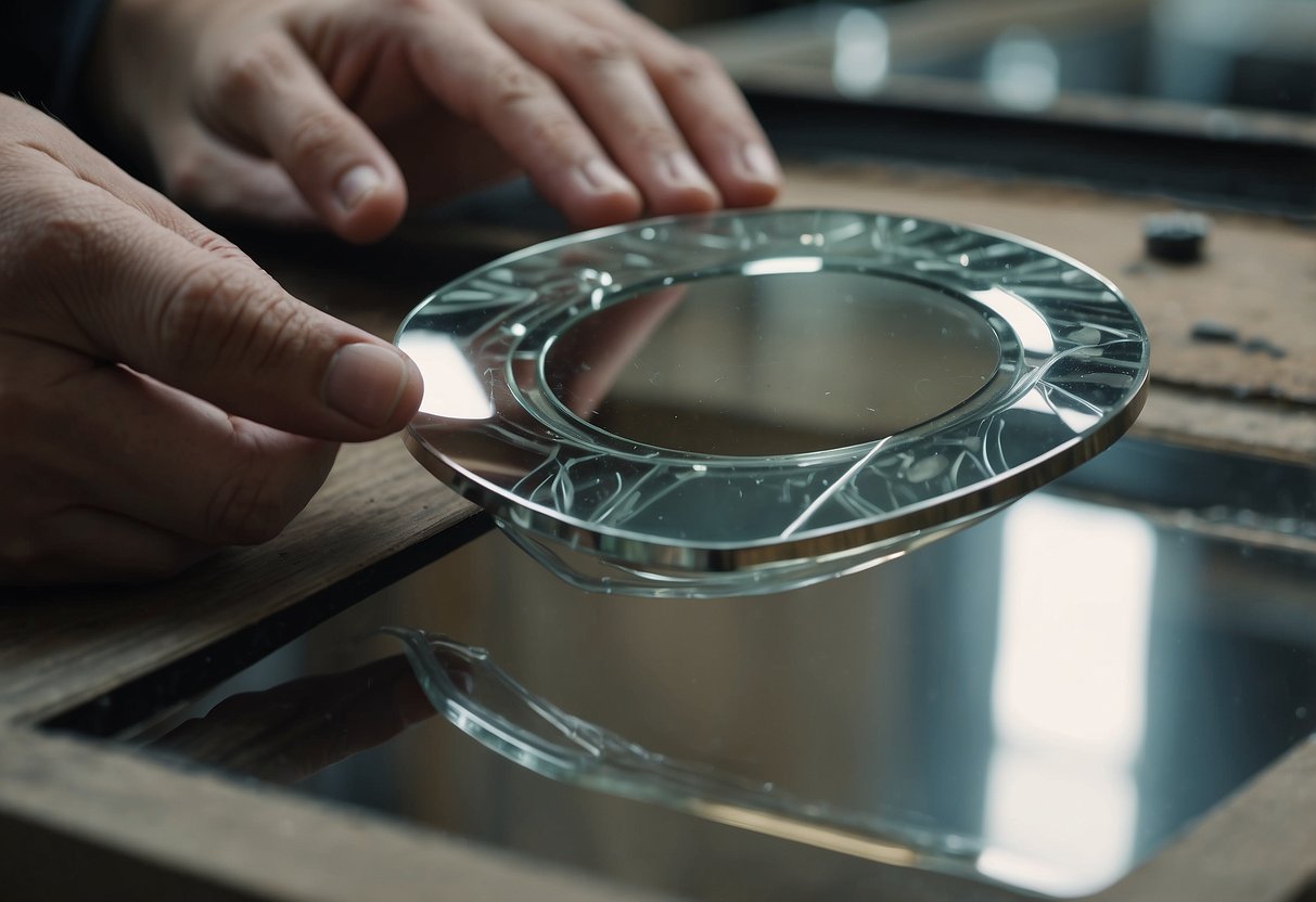 A broken mirror furniture piece is being repaired using DIY techniques and tools. The surface is being carefully polished and restored to its original condition