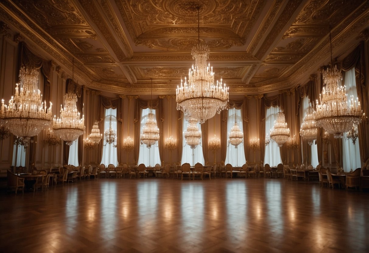 A grand ballroom filled with ornate, gilded furniture and elaborate chandeliers. Rich, luxurious fabrics drape over the elegant pieces, creating a regal and opulent atmosphere