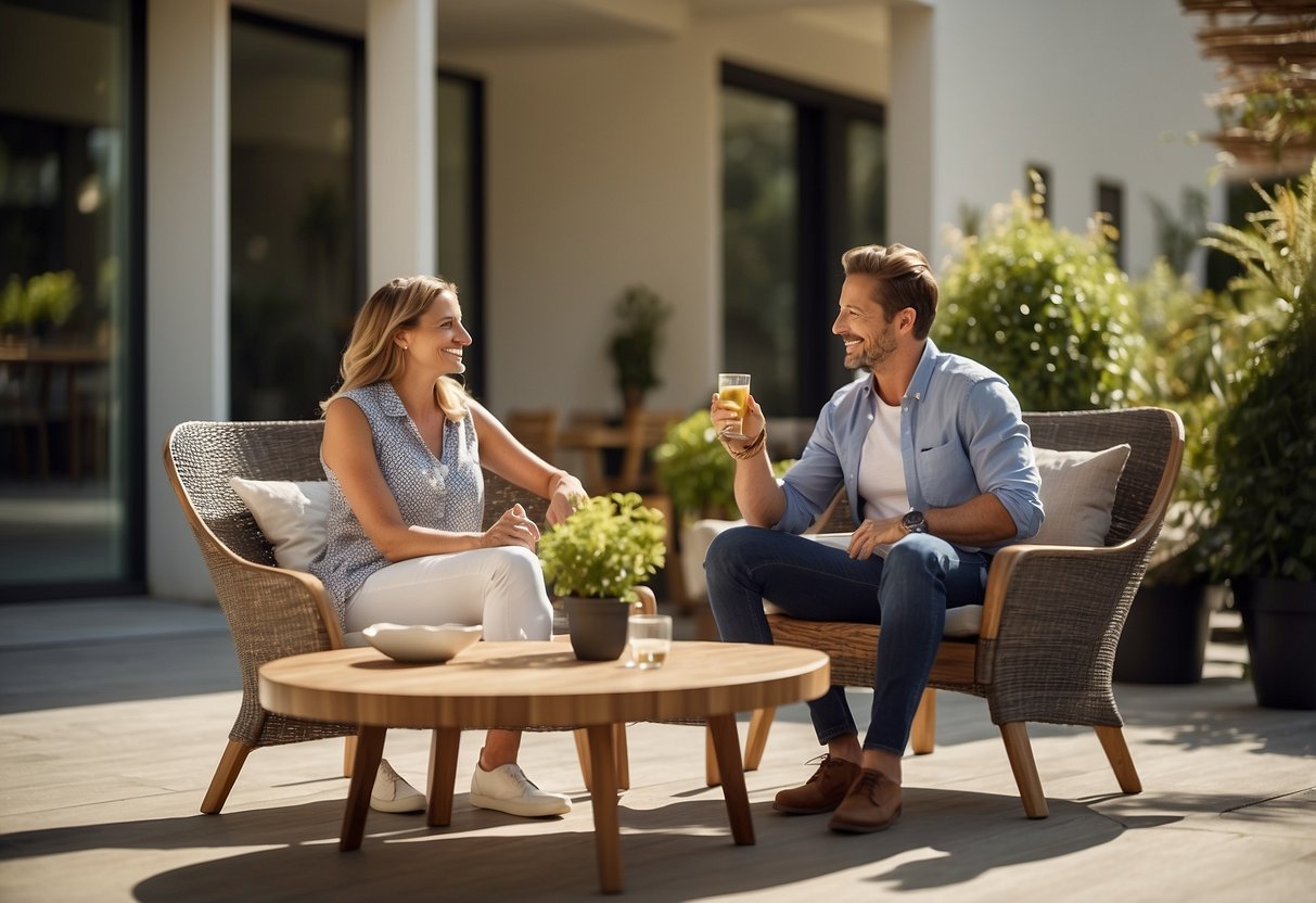 A sunny outdoor patio with sleek, affordable furniture. A customer service representative assists a couple with questions about the modern design