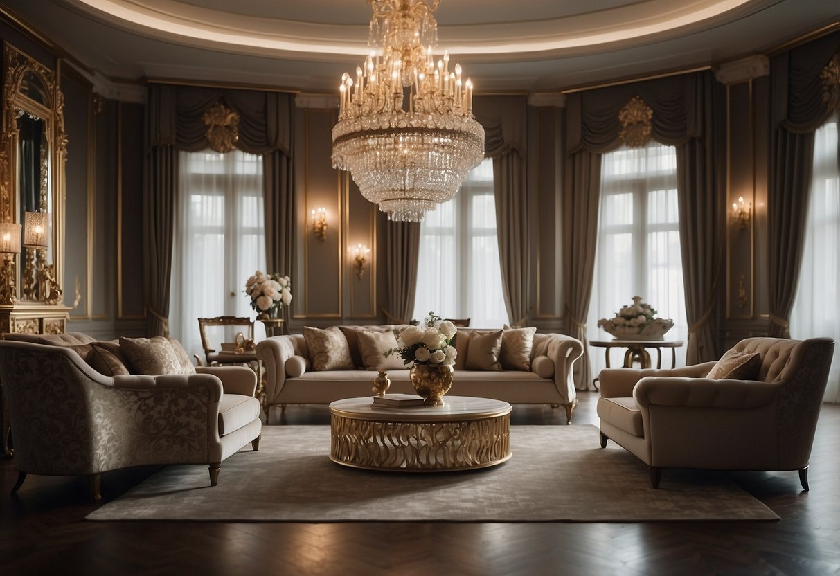 A luxurious room with ornate, royal classic furniture blending seamlessly with modern comfort. Rich fabrics, intricate carvings, and elegant details create a timeless and opulent atmosphere
