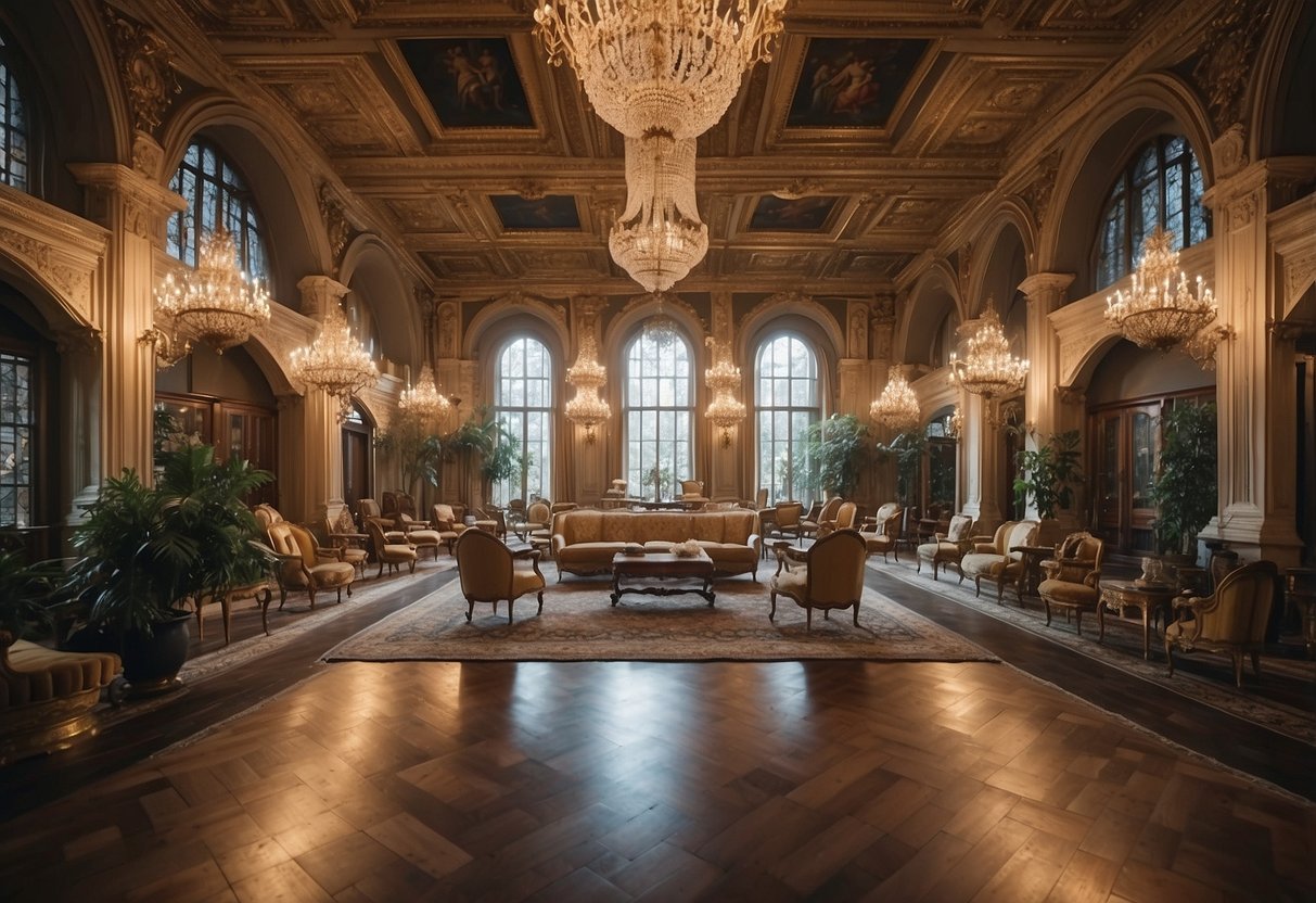 A grand hall filled with ornate royal furniture, with a banner overhead reading "Frequently Asked Questions royal classic furniture."