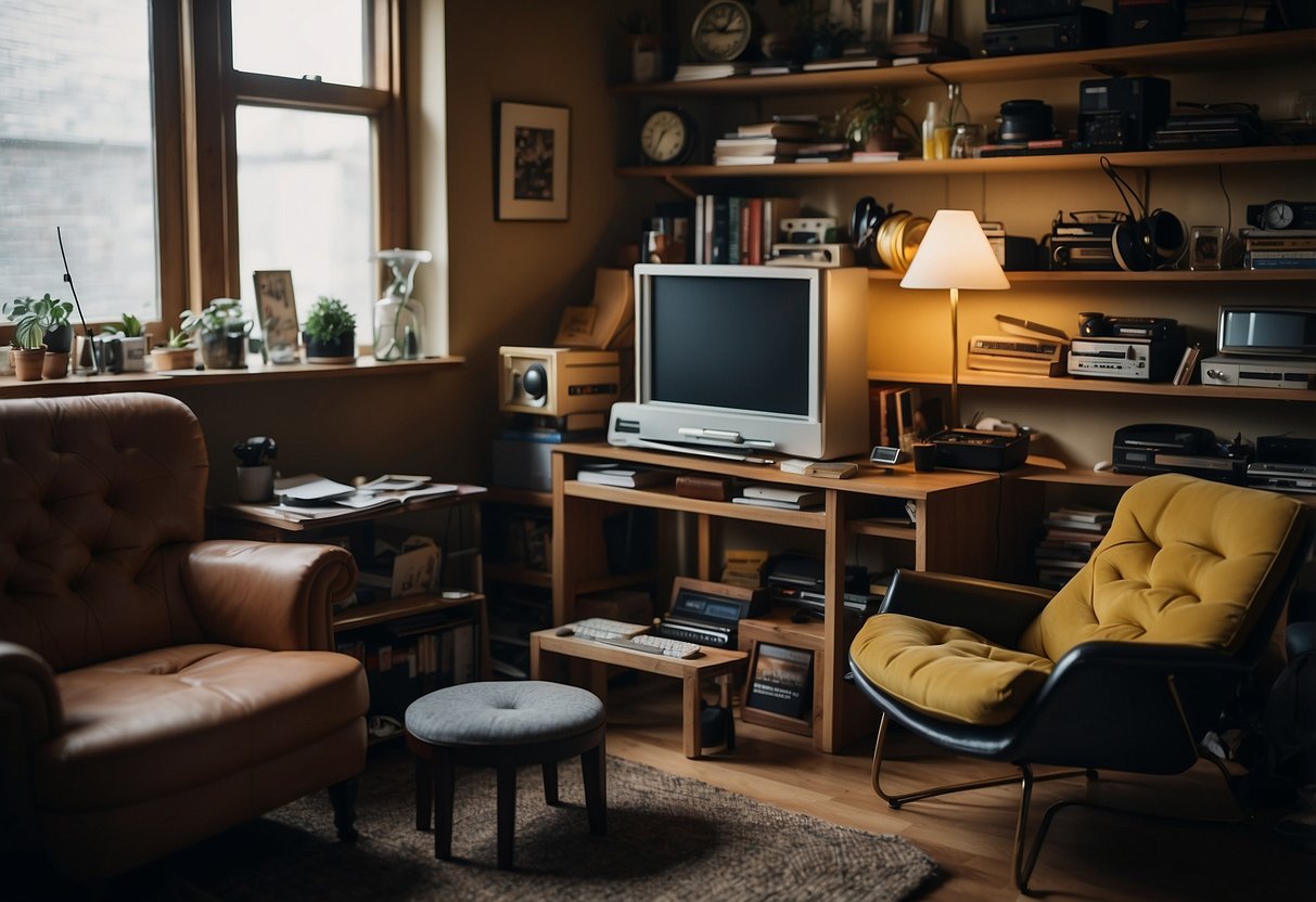 A cluttered room with various second-hand furniture pieces scattered about, including chairs, tables, and shelves, creating a cozy and eclectic atmosphere