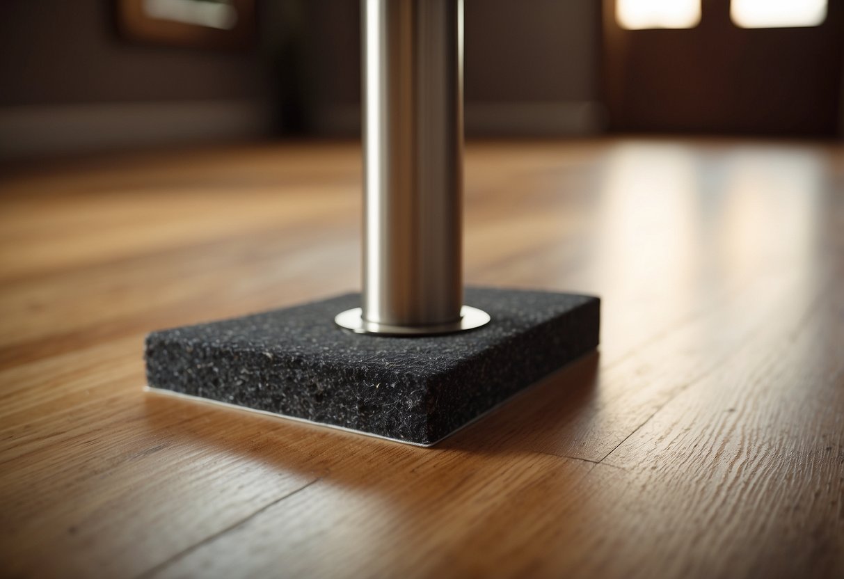 A table leg with a heavy duty felt pad attached, sliding smoothly across a hardwood floor without leaving any marks or scratches
