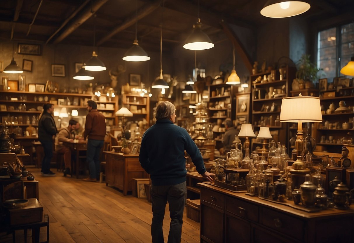 Customers browsing through eclectic second-hand furniture, shelves filled with vintage knick-knacks, and a cozy atmosphere with warm lighting