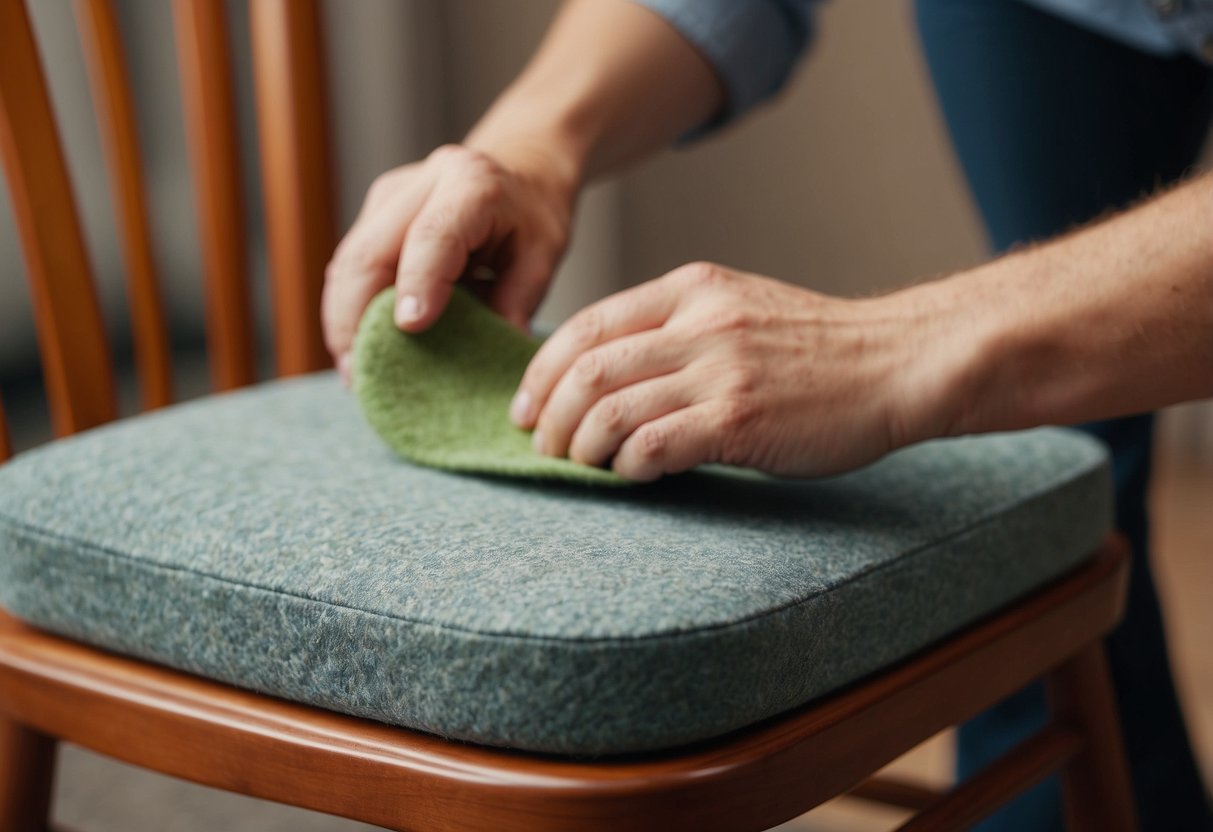 A hand placing heavy duty felt furniture pads under a chair leg