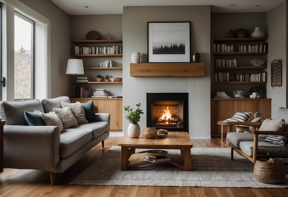A cozy living room with a fireplace, couch, and coffee table. A bookshelf filled with books and a large window letting in natural light
