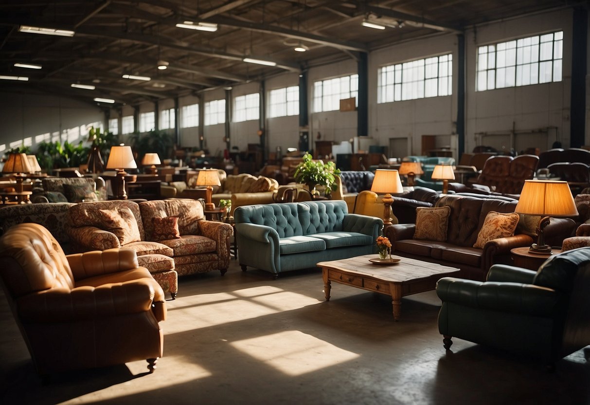 Various second-hand furniture items fill the spacious warehouse, including sofas, tables, chairs, and dressers. Light streams in through the large windows, casting a warm glow over the eclectic collection