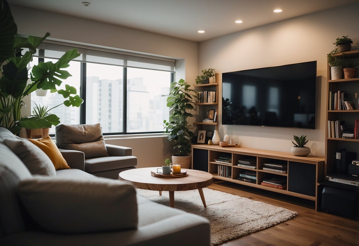 A cozy living room with a large TV, plush couch, and modern coffee table. A bookshelf filled with colorful books and a decorative plant in the corner