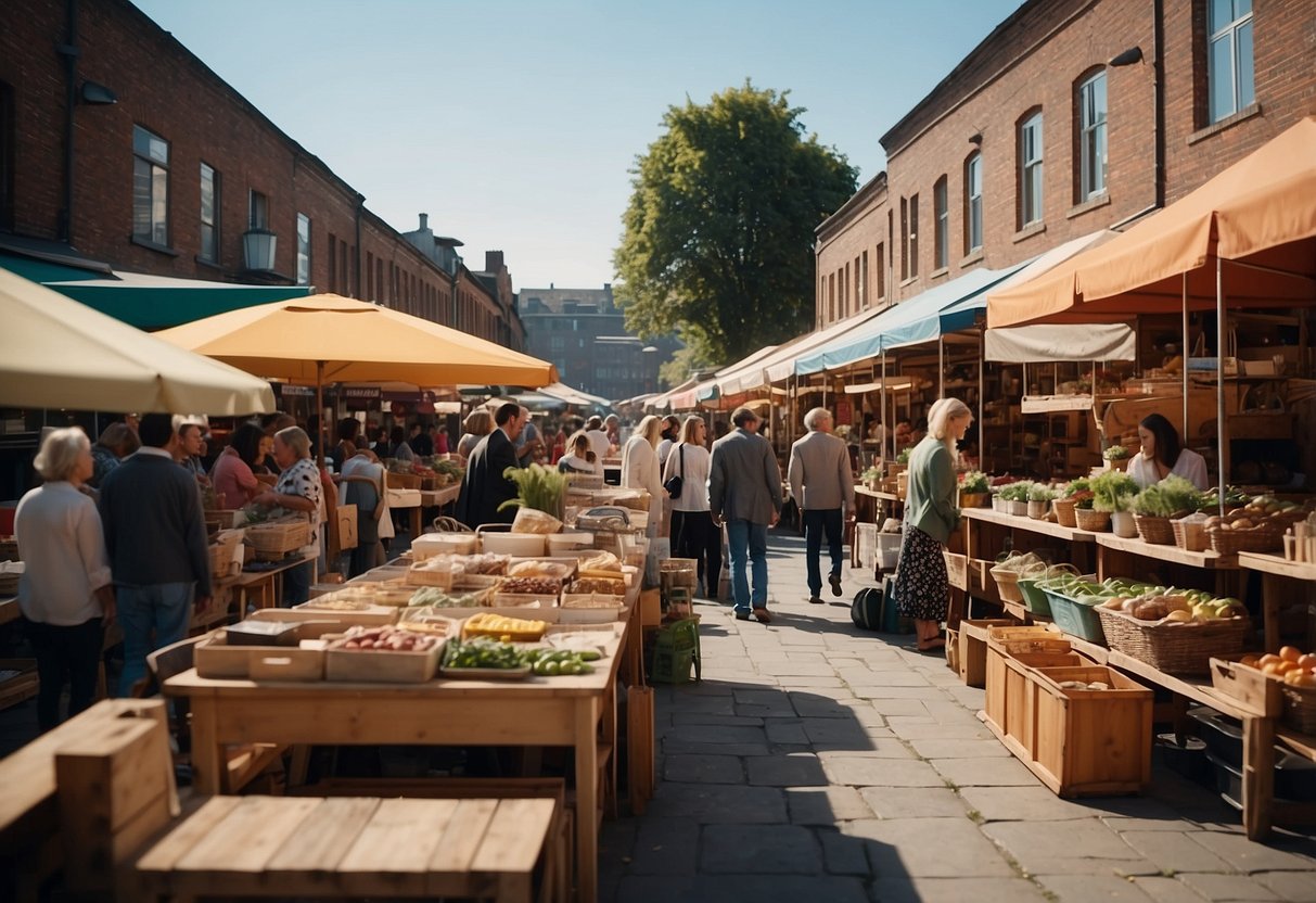 An outdoor market with colorful signage, rows of second-hand furniture, and customers browsing