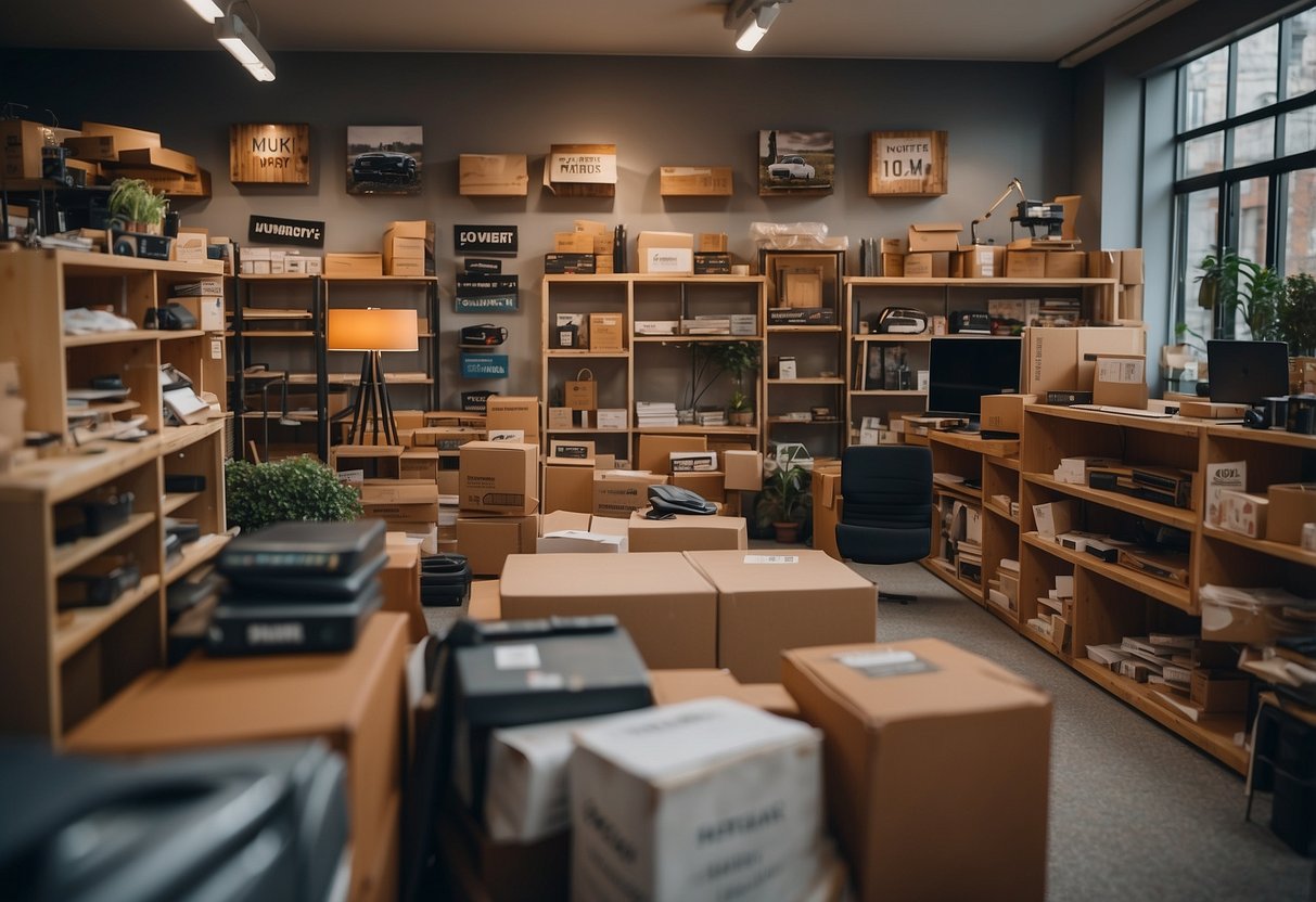 A cluttered showroom displays cheap furniture, with price tags and discount signs scattered around. Walls are lined with shelves of boxed flat-pack items
