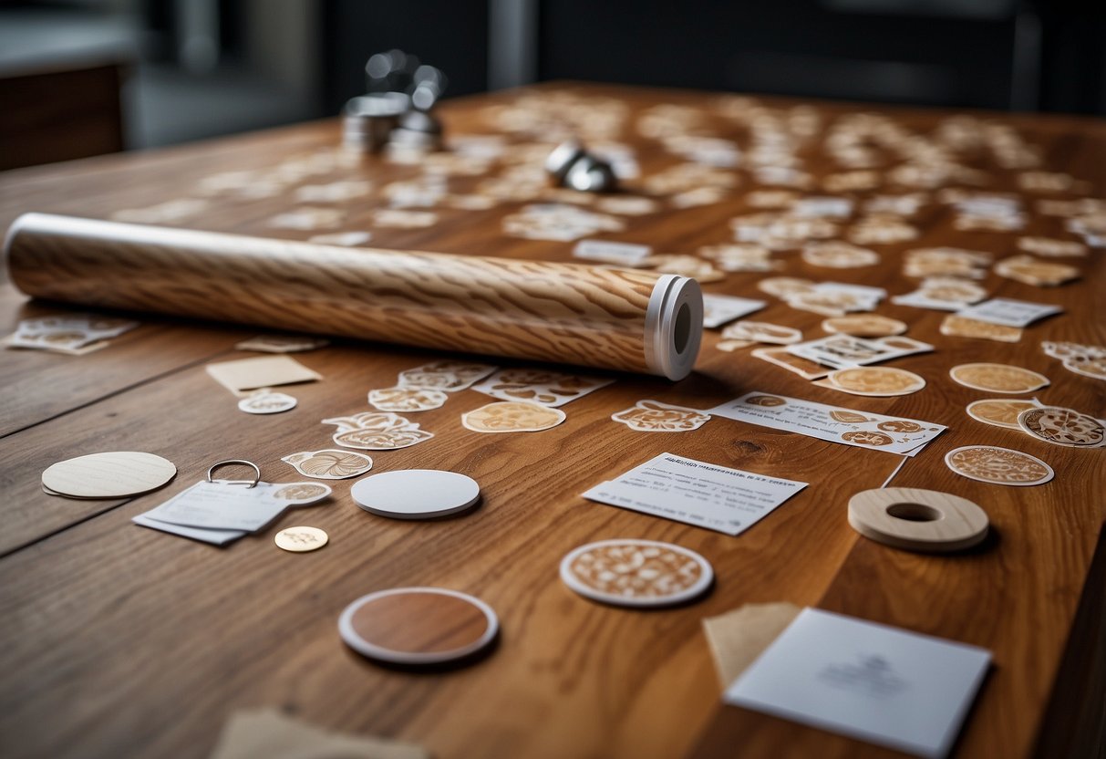 A table covered in self-adhesive wood grain stickers, with a roll of stickers and scissors nearby