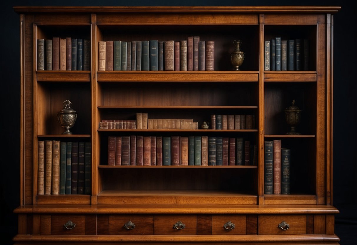 A wooden bookshelf opens to reveal a hidden compartment. The compartment is lined with velvet and contains valuable items