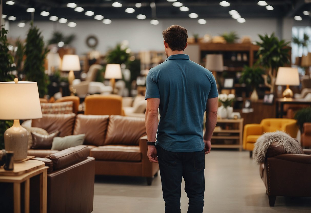 A person browsing through a variety of affordable furniture options in a budget furniture store