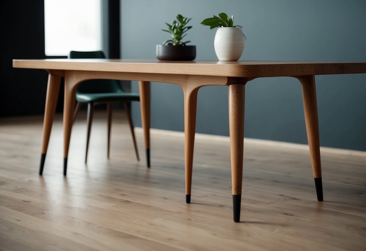 Sleek mid century modern furniture legs support a minimalist table, with clean lines and tapered shapes