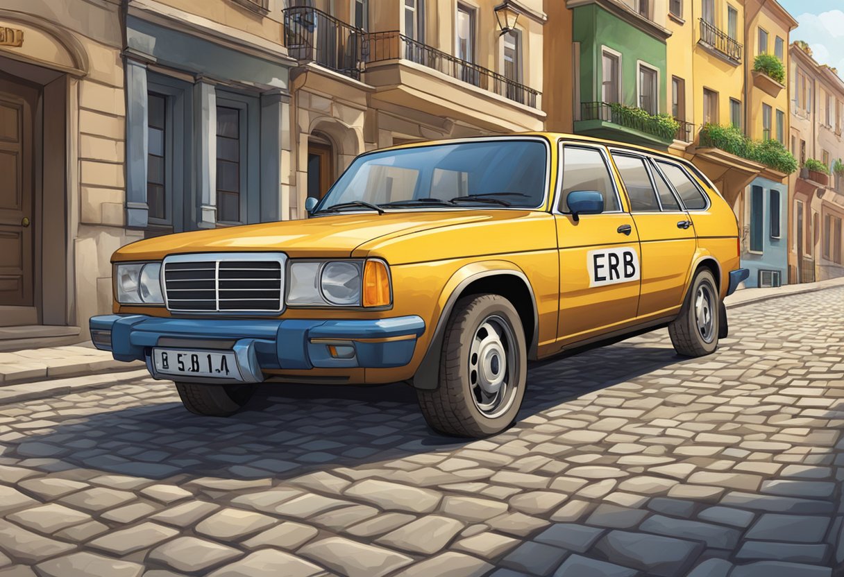 A car with the license plate "ERB" parked on a cobblestone street