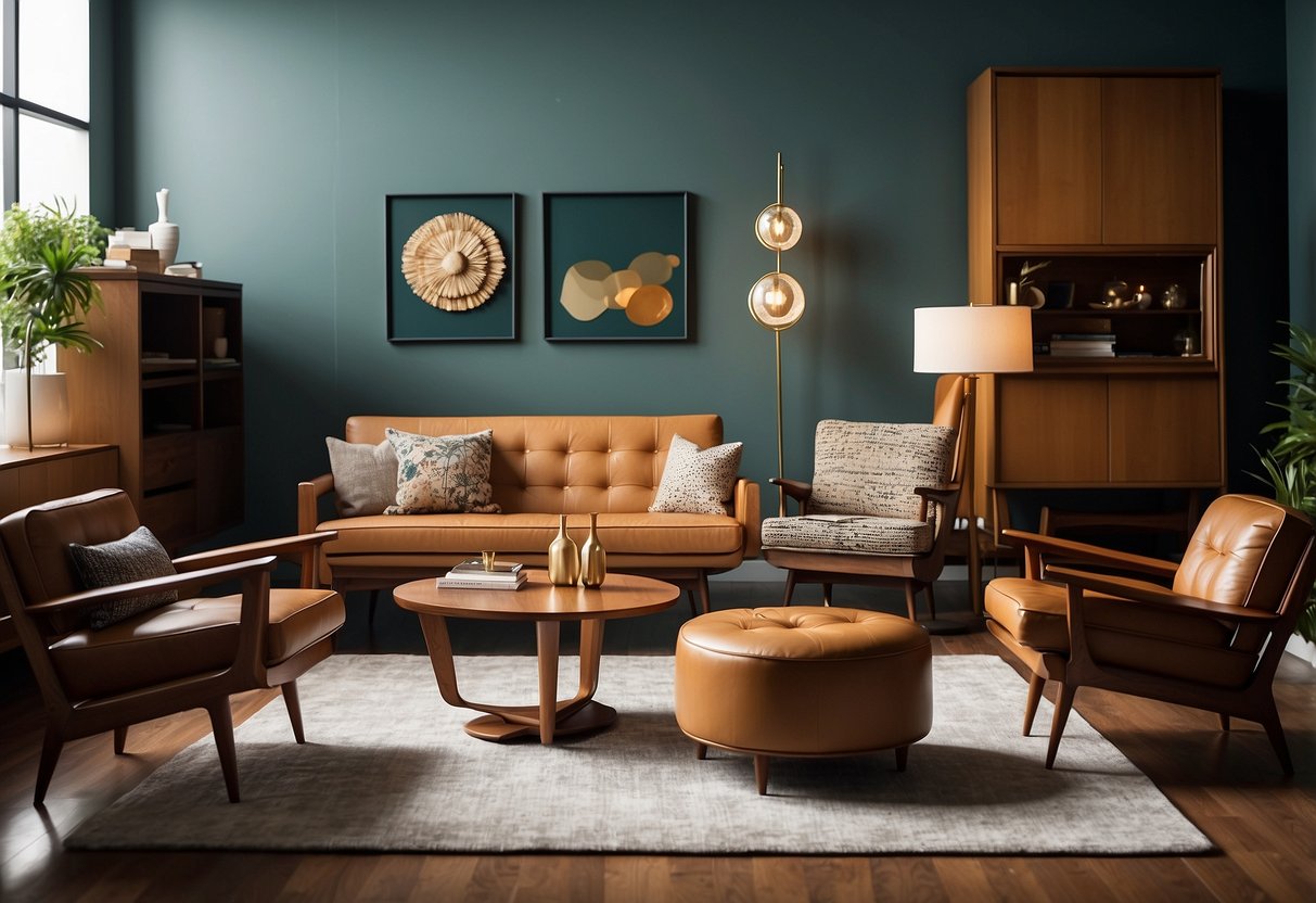 A room filled with mid-century modern furniture, showcasing sleek and tapered legs in various wood finishes and metal accents