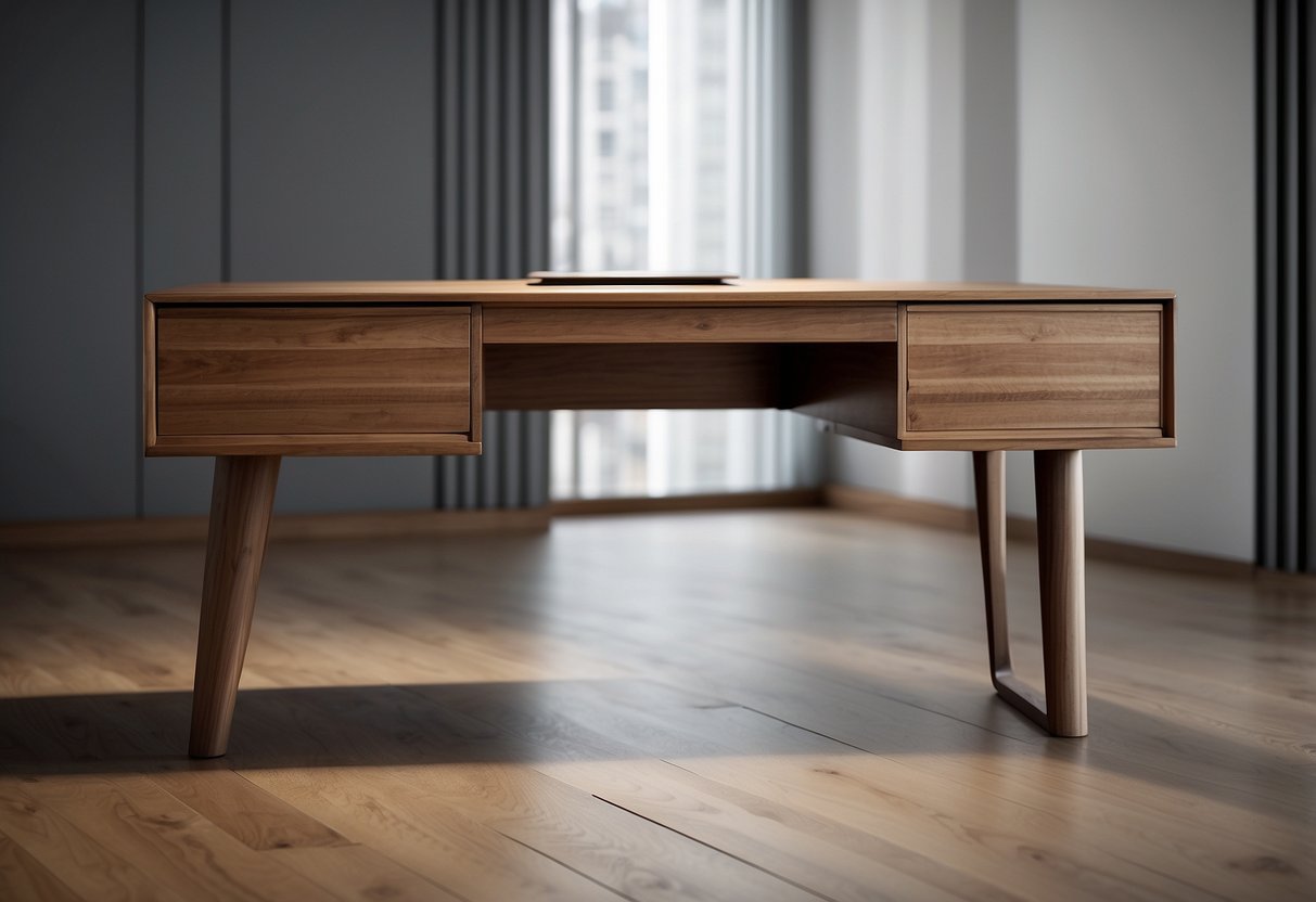 A wooden desk with a hidden drawer sliding out, revealing a concealed compartment. The desk is sleek and modern, with clean lines and a minimalist design